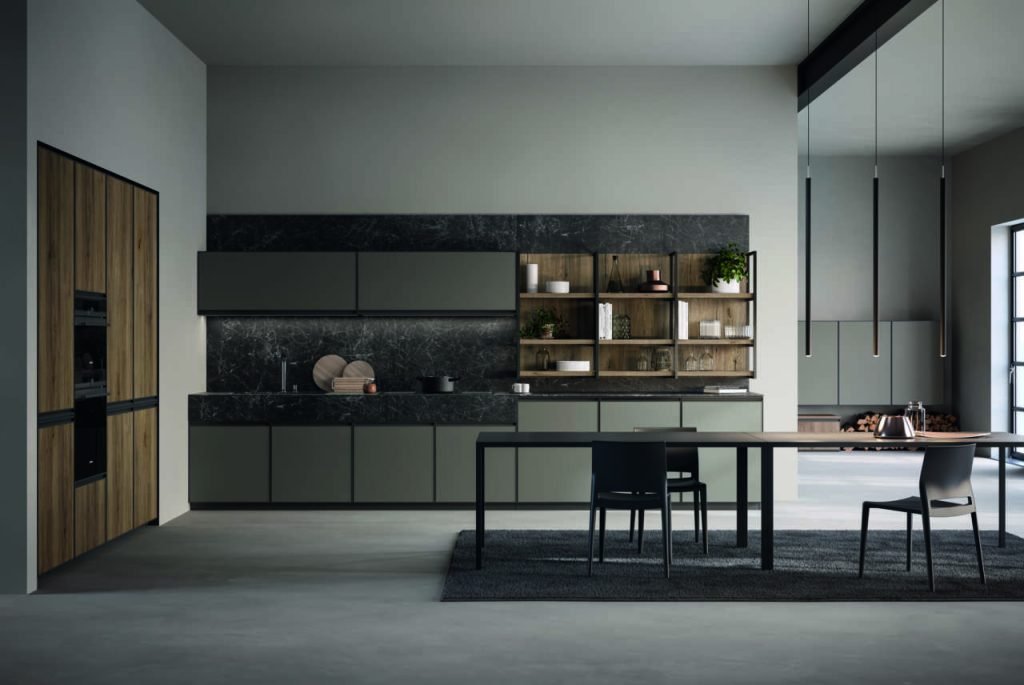 Kronos 03 5 Cucina Kronos 03 di Arredo3 - Cucina moderna componibile in Fenix-NTM® e gres porcellanato con dettagli in acciaio inox, perfetta per spazi contemporanei.