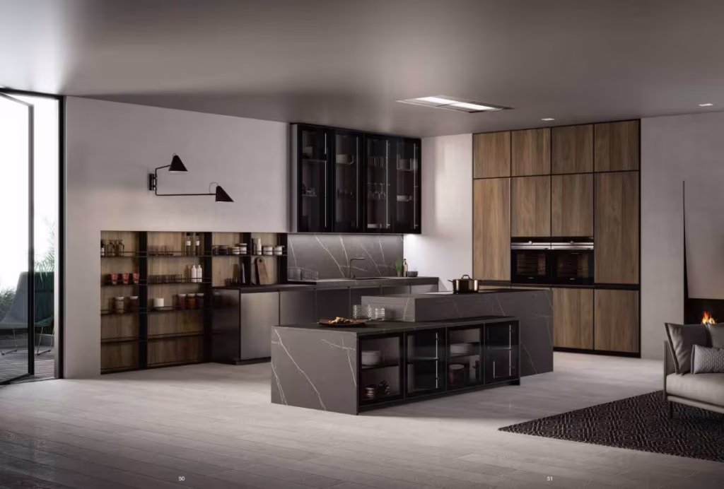 Kronos 05 3 Cucina moderna Kronos 05 di Arredo3 con isola in rovere, dettagli in vetro fumè e piano in Dekton Kelya